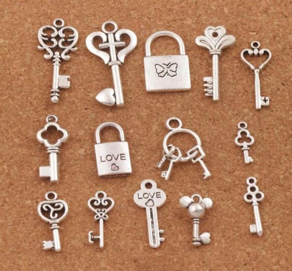 

140pcslot mix love key locket charm beads antique silver pendant jewelry diy lm47 14styles7916058, Bronze;silver