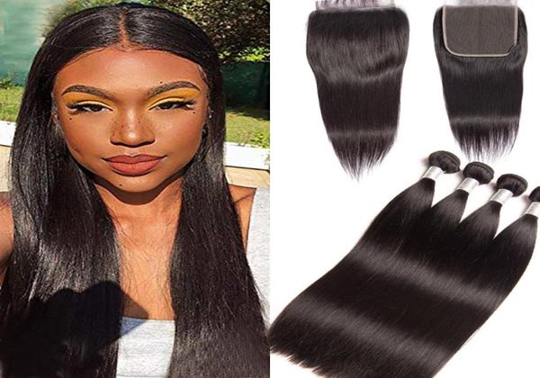 

malaysian human hair straight bundles with 6x6 lace closure middle three part 5 pieceslot hair extensions 1028inch4264411, Black;brown
