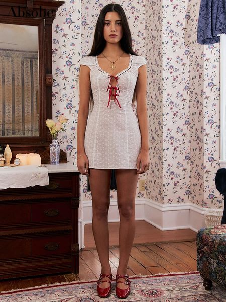

basic casual dresses absobe lace stitching hollow out floral mini dres lacing vneck slim cotton tank dress retro tie y2k outfit 230718, Black;gray