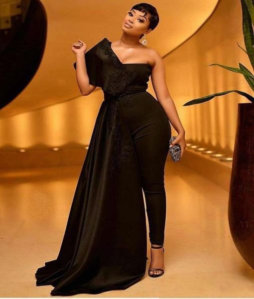

black jumpsuit prom dress with appliques sequins one shoulder overskirts african evening dresses with pant suits plus size party g7872227