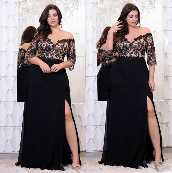 

black lace plus size prom dresses with half sleeves off the shoulder vneck split side evening gowns aline chiffon formal dress7650474