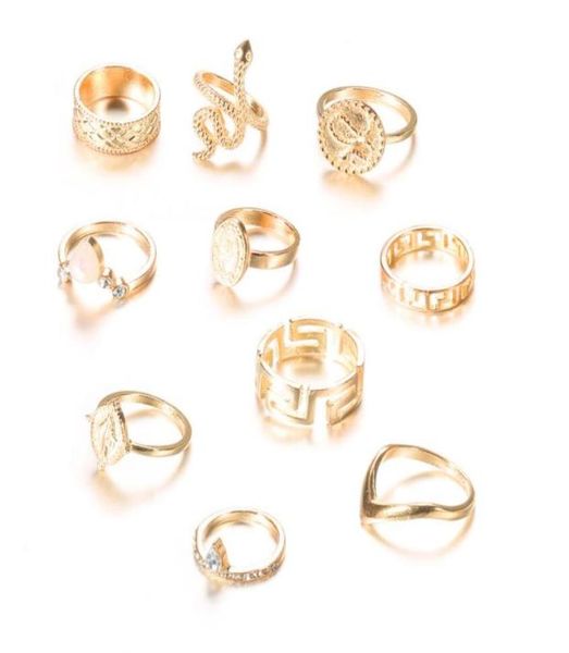 

10 pcset charm gold color crystal midi finger ring set for women vintage boho knuckle party rings punk jewelry8243003, Silver