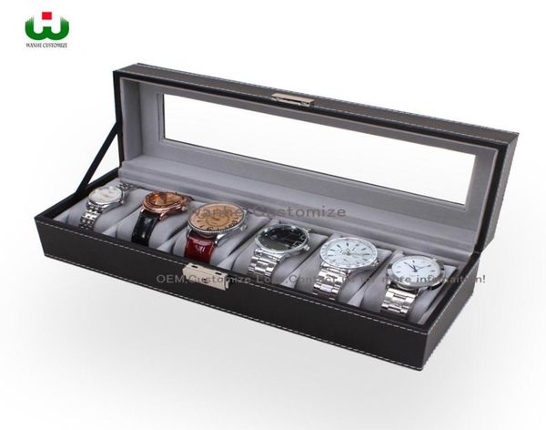 

large 6 slot pu leather senior watch box display case organizer glass jewelry storage organizer box black with white stiching3318235, Black;blue