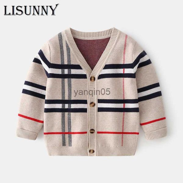 

pullover boys cardigan sweater plaid 2023 spring autumn children knitted cardigans striped v-neck baby clothes kids coat england style hkd23, Blue