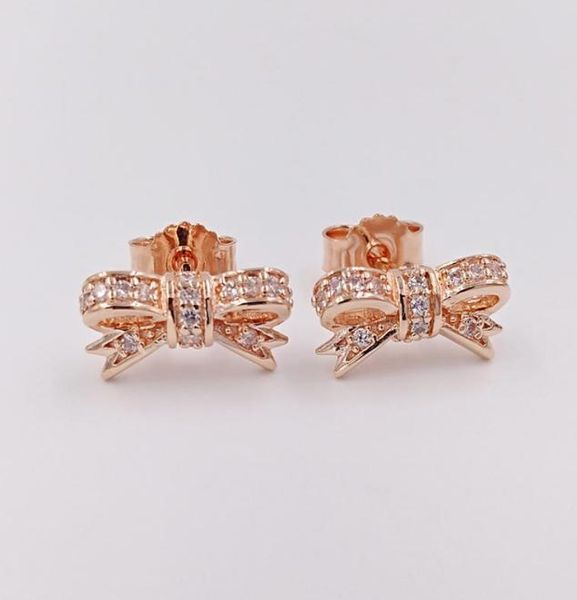 

stud sparkling bow earrings authentic 925 sterling silver fits european style jewelry rose gold plated studs andy jewel 280555cz1424355, Golden;silver