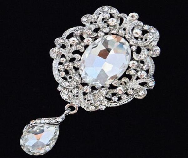 

rhodium plated luxury waterdrop pendent crystals flower brooch fashionable women bouquet pin bling bling czech crystals broach pin7137212, Gray