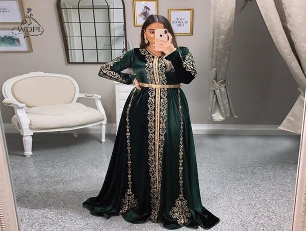 

velvet moroccan kaftan evening dresses hunter green golden embroidery appliques saudi arabic muslim long sleeve prom gown2370033, Black;red