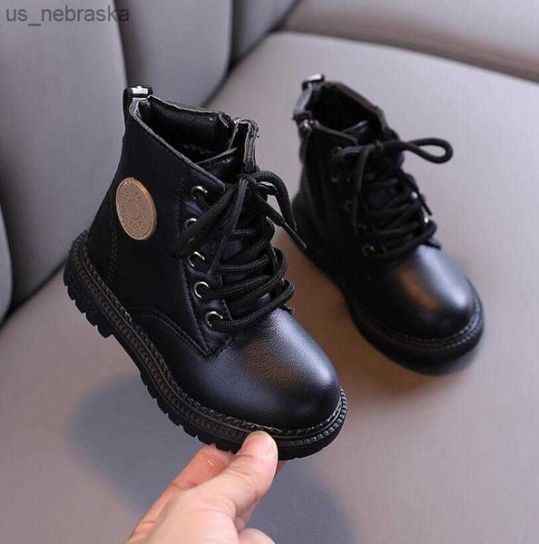 

children fashion boots boys girls leather shoes boots plush fashion waterproof nonslip warm kids boots shoes l230518, Black;grey