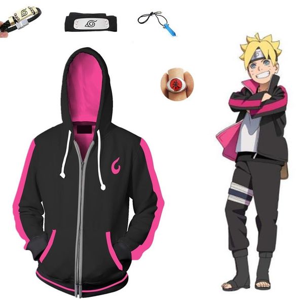 

2020 anime naruto uzumaki boruto hokage zipper design cosplay costume jacket hoodie coat headband bracelet ring necklace fu220k, Black