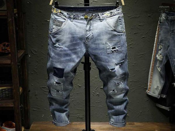 

men stretch denim skinny jeans streetwear destroyed ripped jeans homme hip hop broken patch hole pencil biker pants18600999, Blue