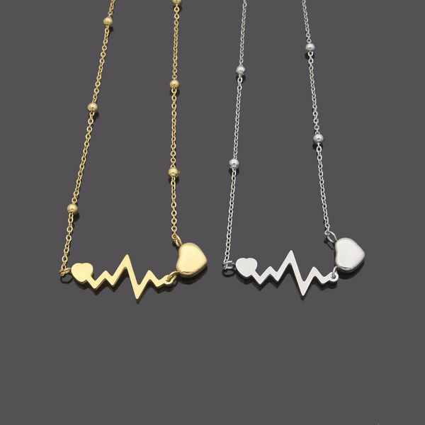 

titanium steel jewelry wholesale double heart electrocardiogram necklace, Silver