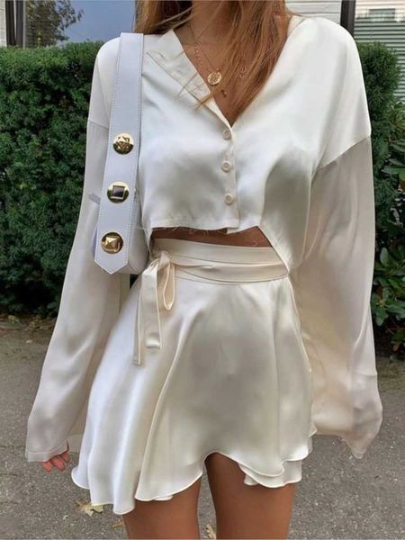 

women's shorts white elegant satin shirt set women lantern long sleeves crop two pieces sets high waist mini shorts suit 2023, White;black