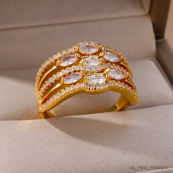 

band rings three layers zircon rings for women gold color stainless steel ring 2023 trend ladys luxury wedding band jewelry mujer r230719, Silver