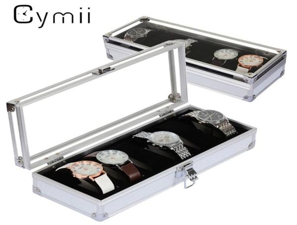 

cymii watch box case 6 grid insert slots jewelry watches display storage box case aluminium watch jewelry decoration5914620, Black;blue