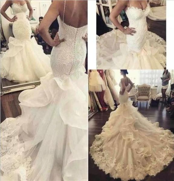 

new chapel train mermaid wedding dresses spaghetti straps lace sweetheart bridal gowns ruffles trumpet dress vestidos de novi8305309, White