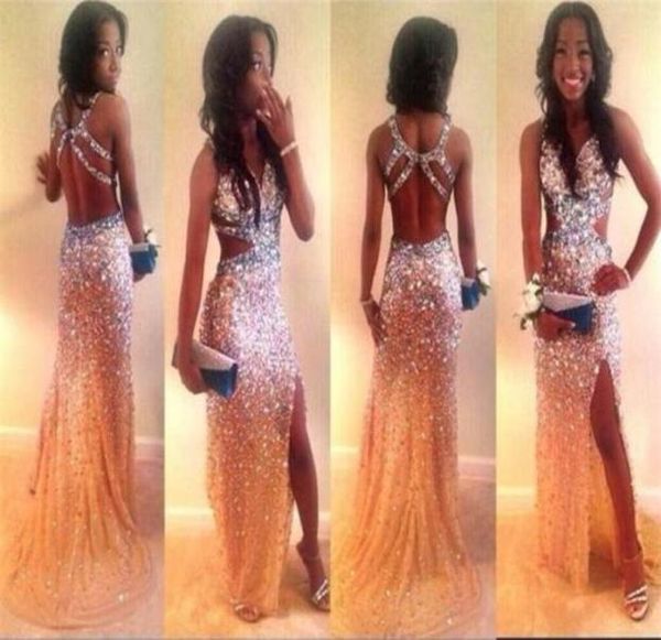 

major beading mermaid prom dresses long cutaway sides cocktail party gowns with cross back side split evening dress homecomin6700056, Black