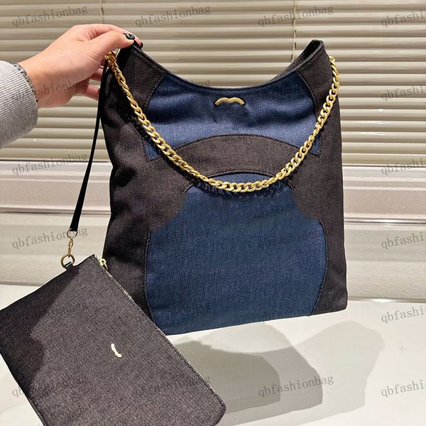 

fashion womens beach bag oversized shopping bag classic denim bag hardware metal c buckle double color two piece purse metal chain underarm