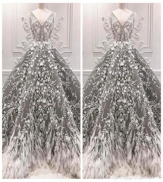 

2019 new grey v neck formal dresses evening feather special occasion party gowns celebrity lace appliques prom gowns luxurious3454668, Black;red
