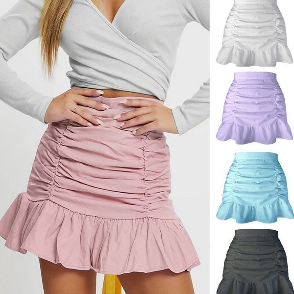 

skirt s ruched mini skirt casual high waist solid color print ruffle hem short 230718, Black