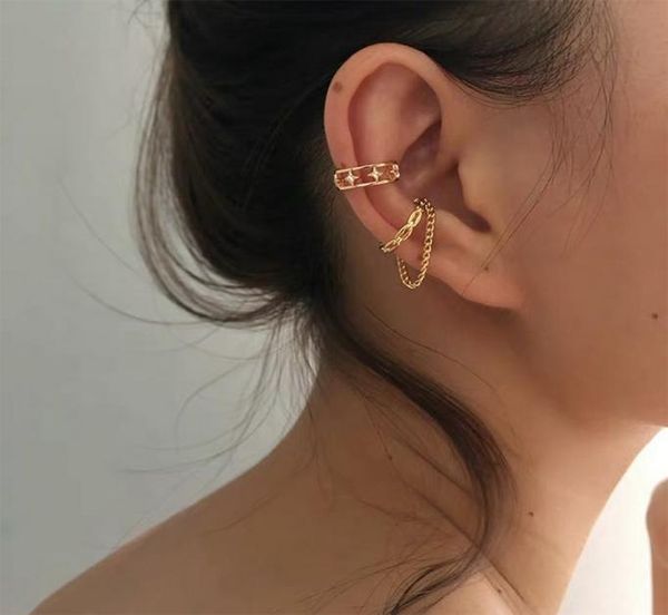 

rock vintage star chain tassel clip clipon earrings for women fake piercing screw back ear cuff jewelry gifts7303371, Silver