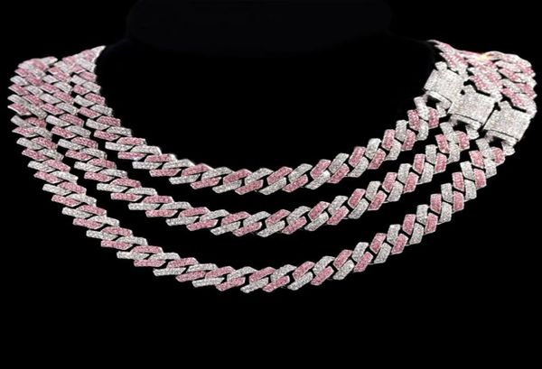 

chains hiphop pink crystal 14mm rhombus prong cuban link chain necklace for women full rhinestones pave iced out jewelrychains2487591, Silver