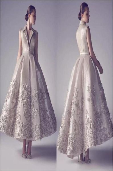 

vintage ankle length party dresses v neck high collar appliques taffeta champagne ivory hi lo prom dresses designer formal g7541264, Black