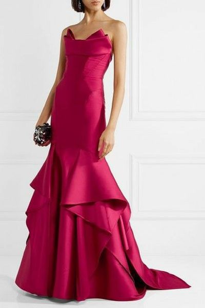 

classy long scalloped satin evening dresses mermaid sleeveless satin pleats small train zipper back prom dresses for women, Black;red