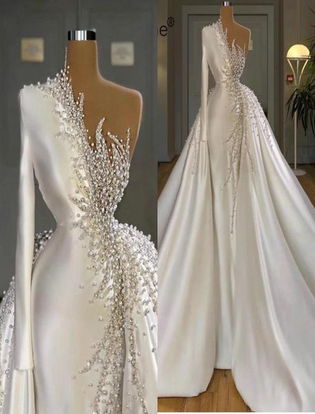 

gorgeous dubai arabic mermaid wedding gowns with detachable train elegant satin pearls formal church bridal dress one shoulder lon3588869, White