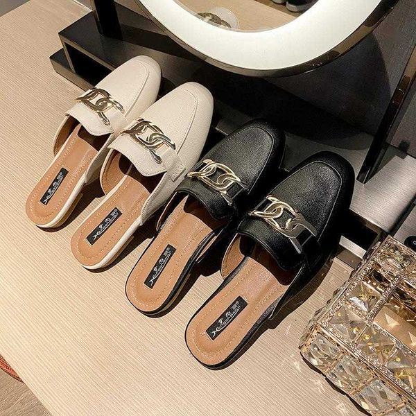 

sandals fashion leather wearing toe-covered slippers women's spring new plus size mueller shoes lazy half flats ladies 230417, Black
