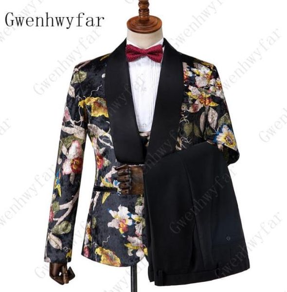 

gwenhwyfar 2019 men 3 pcs suit casual floral printed wedding suits groomsmen fashion tuxedo male slim tuxedos jacketvestpants9907324, Black;gray