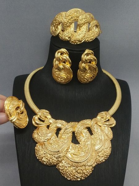 

wedding jewelry sets design dubai gold color jewelry for women dubai fashion necklace earrings ring bracelet set bride wedding party gift 23, Slivery;golden