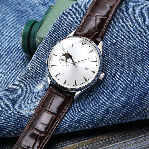 

men's watch automatic mechanical 39mm ultra-thin moon phase watch 8217 mechanical movement watch italian cowhhide watch, Slivery;brown
