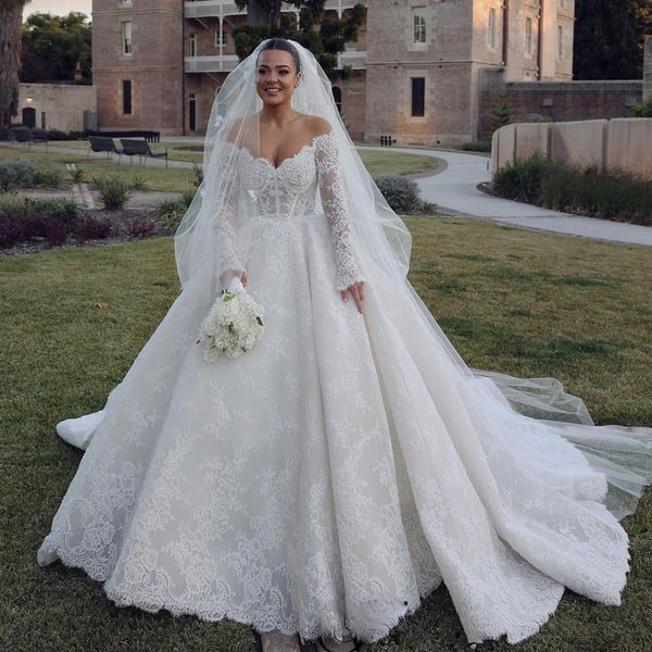 

junoesque lace ball gown wedding dresses off the shoulder beaded bridal dress long sleeve pleat princess bride gowns, White