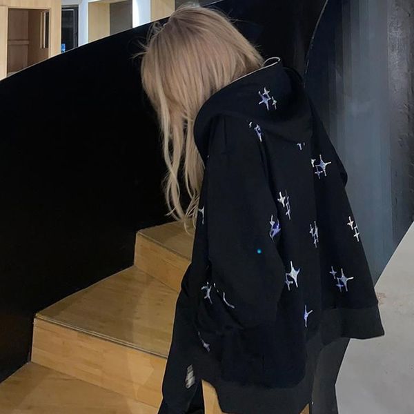 

autumn and winter men's and women's punk large hoodie rhinestone star sweatshirt hip hop street wear casual retro gothic outerwear, Black