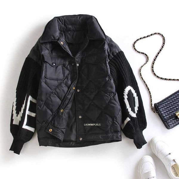 

women's down parkas new winter down coat women korean letter knitted lantern sleeve patchwork women's down jacket casual female lo, Black