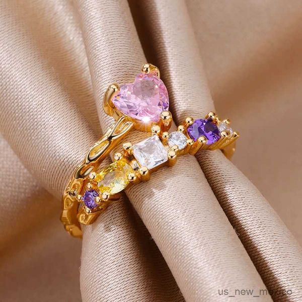 

band rings rainbow zircon pink heart rings for women gold color stainless steel adjustable ring vintage wedding jewelry r230719, Silver