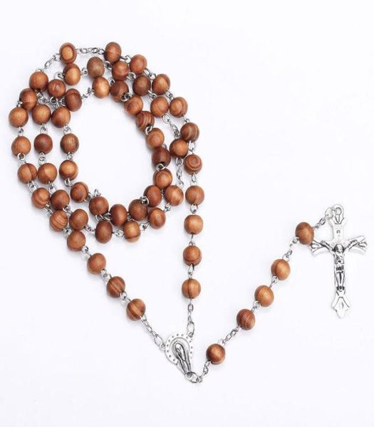 

cross rosary necklace long chain wood beads silver necklace drop jesus beads necklace for men women gift2617858