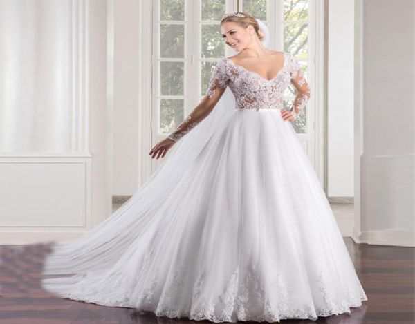 

vestido de noiva see through bodice aline long sleeves wedding dress lace appliques casamento china bridal gowns1687233, White