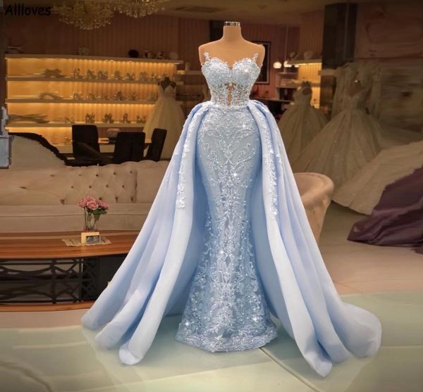 

light sky blue mermaid evening dresses with detachable train arabic aso ebi sheer neck lace appliques women formal prom party gown5823503, Black