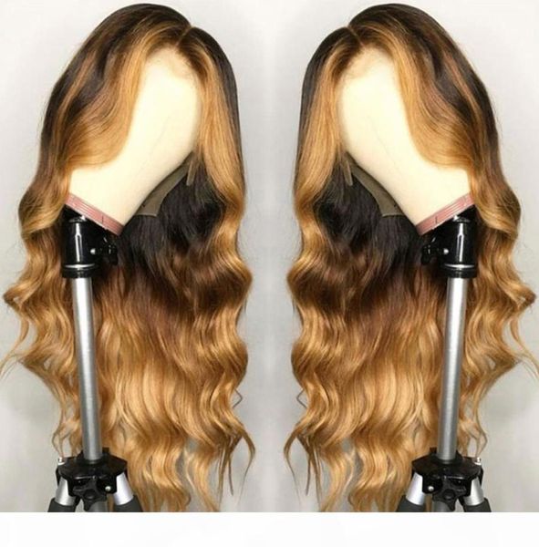 

highlight blonde ombre loose body wave lace front human hair wigs for black women brazilian remy baby pre plucked silk base wig4500097, Black;brown