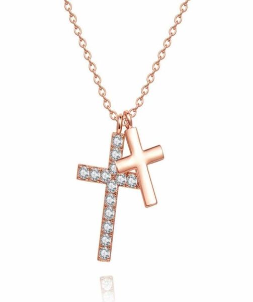 

pendant necklaces jingyang hangers kettingen voor vrouwen fashion crystal double cross sieraden meisje charm zirkoon verstelbare k1197719, Silver
