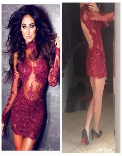 

jewel long sleeves sheer lace appliques slim cocktail dresses 2019 backless short mini vestidos de special occasion party gow9903187, Black