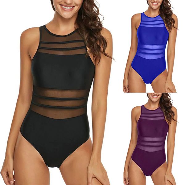 

mesh patchwork one piece swimsuit women vintage swimwear fashion monokini beachwear backless bathing suit lady bathers water sports beach we