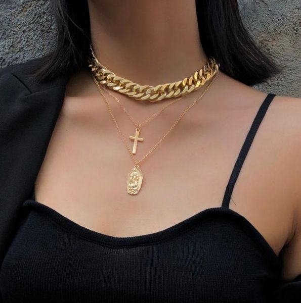 

punk multi layer curb cuban thick choker necklace collar statement virgin mary cross pendant necklace women jewelry5995084, Silver