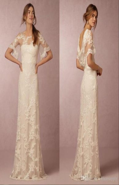 

simple lace wedding dresses with short sleeves bridal gowns cowl back illusion boatneck column a line beach wedding gowns cu3699161, White