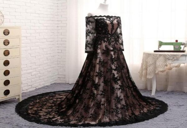 

long sleeves lace prom dresses elegant black off shoulder beaded applique evening gown party dress see through aline long formal 4505294