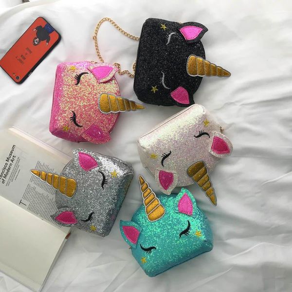 

5 styles unicorn chain shoulder bags bling sequins cartoon crossbody bag kids messenger coin bag party favor giftzz, White
