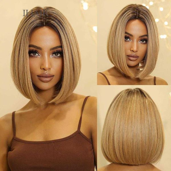 

synthetic wigs easuhair blonde ombre short straight synthetic hair wigs natural bob middle part for women heat resistant daily cosplay wig 2, Black