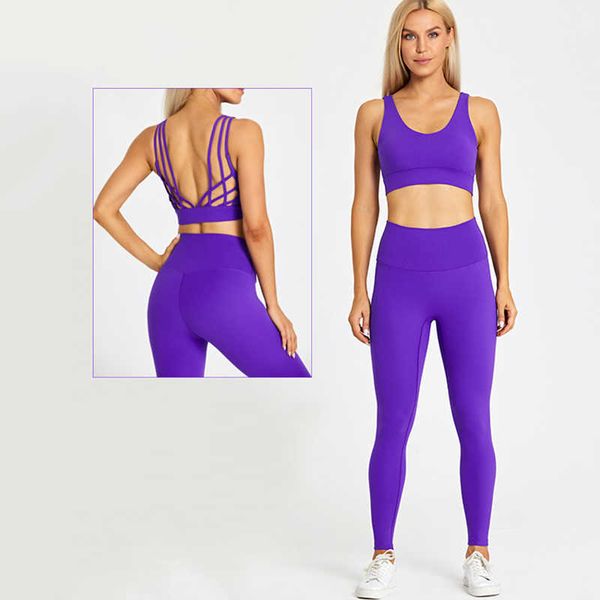 

ll-01 yoga outfit 2 piece sport suit women yoga set gym wear high waist yoga leggings padded push up strappy sports bra workout clothes