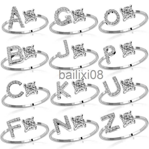 

band rings 1pc shining rhinestone mosaic 26 letters initial ring new fashion opening cuff ring for women charm jewelry gift j230719, Silver